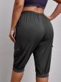 Plus Flap Pocket Side Drawstring Waist Capri Sports Pants