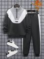 SHEIN Boys' Patchwork Color Block Letter Detail Stand Collar Sweatshirt And Pants Outfit, Youth