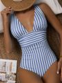 SHEIN Swim Vcay Striped Plunging One-Piece Swimsuit