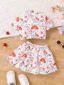 SHEIN Baby Girl Casual & Lovely Graffiti Pattern Short Sleeve Shirt + Skirt Outfit Set