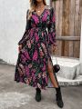 SHEIN LUNE Women's Flower Print High Split Lantern Sleeve Maxi Dress