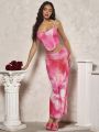 SHEIN BAE Romantic Valentine'S Day Dating Lace Mesh Floral Print Cami Top & High Slit Skirt Glamorous Women'S 2pcs Set