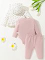 SHEIN 3pcs Newborn Baby Girls' Floral Pattern Round Neck Long Sleeve With Hooded Jacket And Footed Pants Set