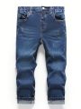 SHEIN Little Boys' Washed Casual Whisker Cat Printed Denim Jeans