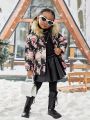 SHEIN Kids Cooltwn Young Girl Floral Print Fuzzy Trim Hooded Winter Coat