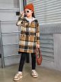 SHEIN Tween Girl Plaid Print Hooded Neck Dual Pocket Coat