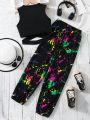 SHEIN Kids HYPEME Cut Out Tank Top & Splash Ink Print Pant