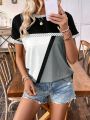 Ladies Round Neck Knitted T-Shirt With Color Blocking Design
