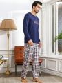 Men'S Letter Printed Long Sleeve T-Shirt And Plaid Pants Homewear