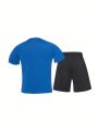 Boys' Sportswear Set For Running, Riding, And Comprehensive Training In Blue, Short Sleeves, Elastic, Comfortable, Skin-Friendly, Sweat-Absorbent, And Breathable Design Suitable For Indoor Or Outdoor Exercise