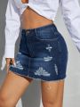 High Waist Ripped Bodycon Denim Midi Skirt