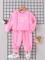 SHEIN Kids FANZEY Little Girls' Casual Sports Suit With Letter Printed Round Neck Long Sleeve Shirt And Pants For Autumn