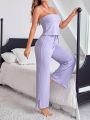 Solid Color Casual Cami Top With Split Hem Homewear Set