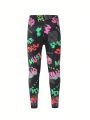 Tween Girls Night Glow Letter Printed Leggings