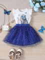 SHEIN Kids Nujoom Toddler Girls' Romantic Butterfly & Girl Printed Top And Mesh Skirt Set