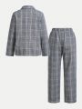 SHEIN Kids FANZEY Tween Boys' Slim Fit Elegant Plaid Notched Lapel Suit Jacket & Pants Two Piece Set