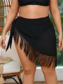 SHEIN Swim BohoFeel Plus Size Cover Up Skirt With Knot Detailing, Fringe Hem And Side Tie