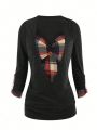 Women's Plus Size Plaid & Floral Printed Roll Sleeve T-shirt