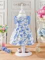 Blue Floral Patchwork Baby Dress With Ruffle Hem And Cute Bowknot