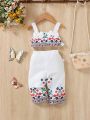 2pcs Baby Girls' Lovely Floral Printed Tank Top And Shorts Set, Spring/Summer