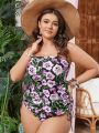 SHEIN Swim Classy Plus Size Women's Floral Print Bikini Set With Vest Style Top