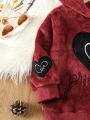 Girls' Fleece Lined Heart Printed Hoodie And Long Pants Set For Autumn And Winter