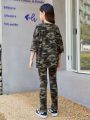 SHEIN Kids EVRYDAY Girls' Knitted Camouflage Round Neck Loose T-shirt And Leggings Set