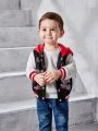 SHEIN Baby Boys' Cartoon Letter Print Hooded Baseball Jacket With Contrast Color