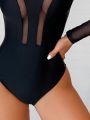 Women'S Paneled Mesh Long-Sleeved One-Piece Swimsuit