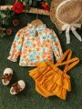 Baby Girl Flower Print Top And Solid Color Ruffled Strap Romper Set