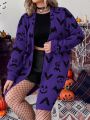 PUNK Plus Halloween Bat Pattern Drop Shoulder Open Front Cardigan