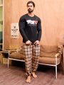 Men'S Cartoon & Plaid Pattern Homewear Set With Long Sleeve Shirt And Pants