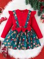 Young Girl Christmas Print Bow Front Suspender Skirt & Ruffle Trim Tee