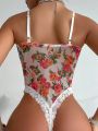 Ladies' Sexy Flower Printed Lace Lingerie Set With Flower Lace Detailing