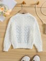 SHEIN Kids QTFun Young Girl Floral Embroidery Pointelle Knit Cardigan