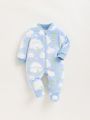 SHEIN Newborn Baby Girl Star Pattern Collarless Plus Velvet Medium-thick Long-sleeved Foot-covered Jumpsuit