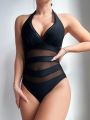 SHEIN Swim Chicsea Mesh Paneled Halterneck One-piece Swimsuit