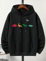 Men's Plus Size Cartoon Dinosaur Printed Hooded Sweatshirt With Warm Lining