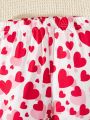 SHEIN Kids CHARMNG Valentine's Day Style Knitted Heart Pattern Casual Flared Pants For Tween Girls