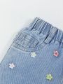 Girls' Casual Cute Dopamine Colored Flower Embroidery Wide-leg Comfortable Light Blue Washed Denim Shorts With Flower