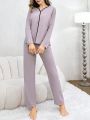 Women's Contrast Edge Top & Solid Color Pants Homewear Set