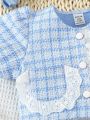 Baby Girls' Spring/Summer Simple Gingham Pattern Short Sleeve Top, Camisole Top And Skirt 3pcs Outfit