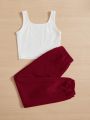 SHEIN Kids HYPEME Tween Girls' Knitted Letter Print Tank Top And Jogger Pants Casual 2pcs/Set