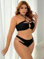 SHEIN Swim SXY Plus Size Hollow Out Halter Top And Pearl Decor Triangle Briefs Bikini Swimwear Set