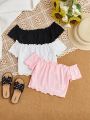 SHEIN Kids FANZEY Big Girls' Elegant Off Shoulder Frill Design Short Sleeve T-Shirt 3pcs/Set