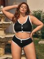 SHEIN Leisure Plus Size Color Block Bikini Swimsuit Set With Edging & Button Detail