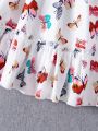 Little Girls' Sweet & Lovely Butterfly Printed Puff Sleeve Dress