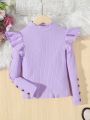 SHEIN Tween Girl Ruffle Trim Mock Neck Button Detail Ribbed Knit Tee