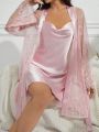 Women'S Lace Long Sleeve Robe And Cami Slip Nightgown Pajama Set