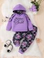 Baby Girl Slogan Graphic Ruffle Trim Hoodie & Floral Print Sweatpants